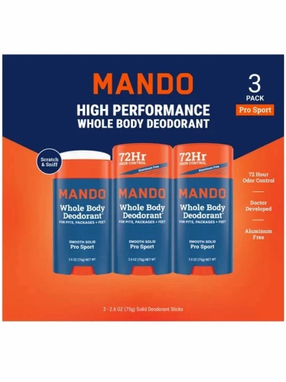 Mando Whole Body Deodorant Pro Sport 3-Pack 2.6 oz Aluminum-Free Stick